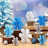 Wenqik 16 Pcs Winter Wooden Snowflake Decor Christmas Winter Snowflake Tabletop Decorations 3D Snow Table Signs Standing Centerpiece Xmas Tiered Tray Decorations for Party(Multicolored)