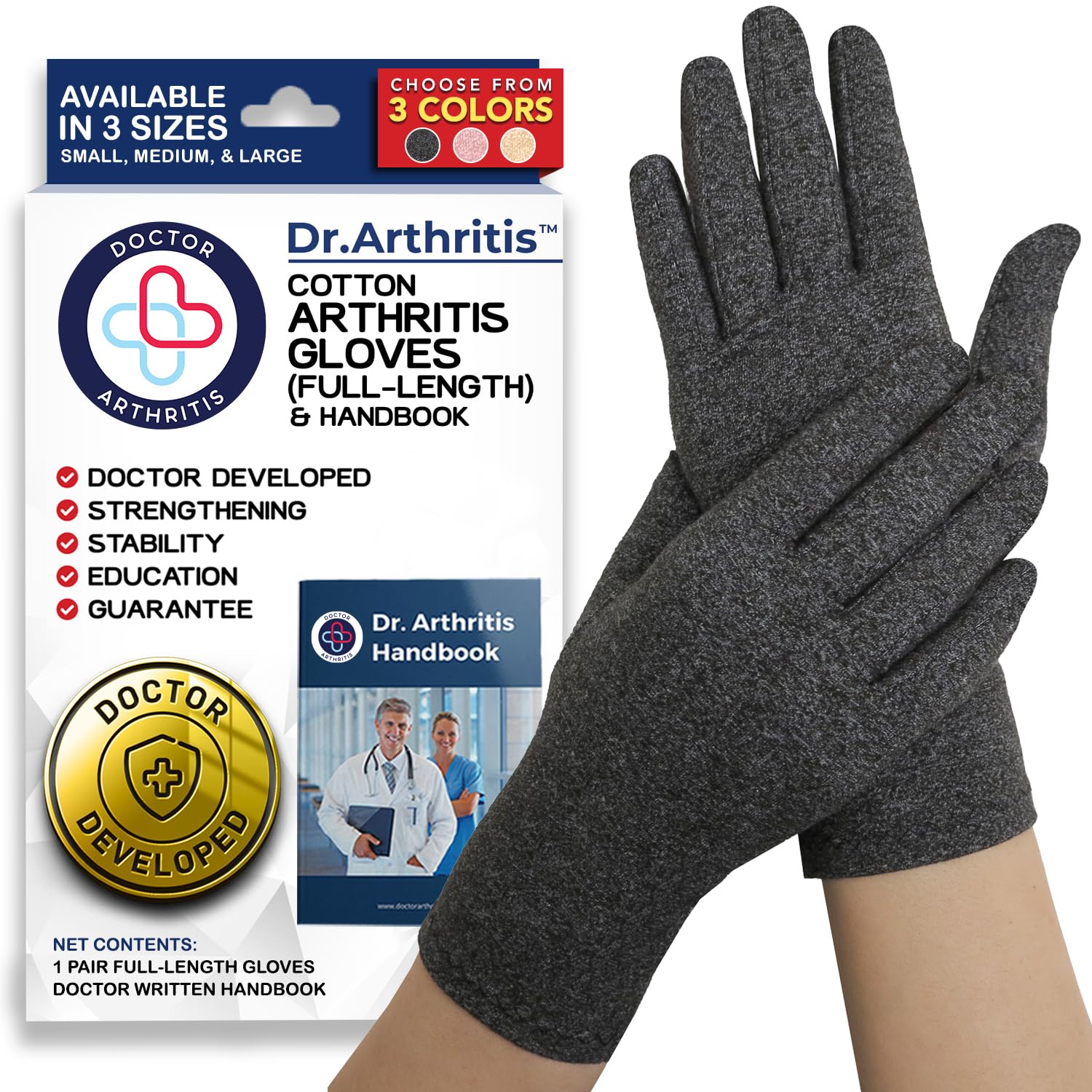 Doctor Developed compression gloves & Doctor Handbook - compression gloves for arthritis for women & men (m, grey)