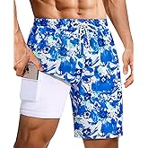 Gleeease 9inch Mens Swim Trunks: 2 in 1 with Compression Liner Stretch Quick Dry Drawstring Shark Pockets Beach Pool Vacation