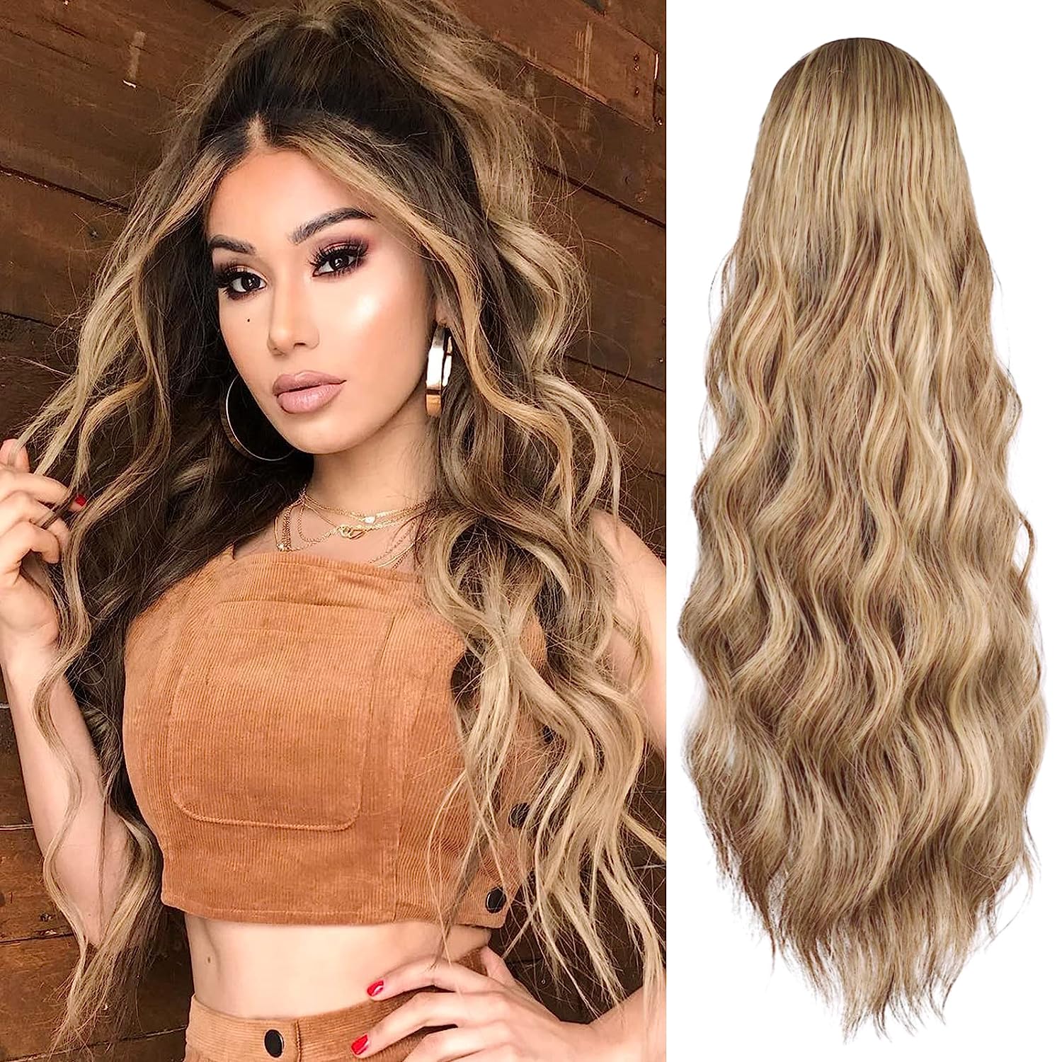 YEESHEDO Brown Blonde Long Wavy Ponytail Hair Extension for Women Drawstring Ponytail Hair Extensions Clip in Curly Synthetic Hairpiece 24" (color: Brown mixed gold)