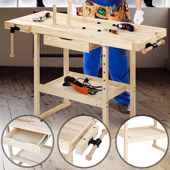 Werkbank aus holz mit Spannzange und Schublade | 127x57,5x82,5 cm, bis 200 kg belastbar | Hobelbank erwachsene, Werktisch Sch