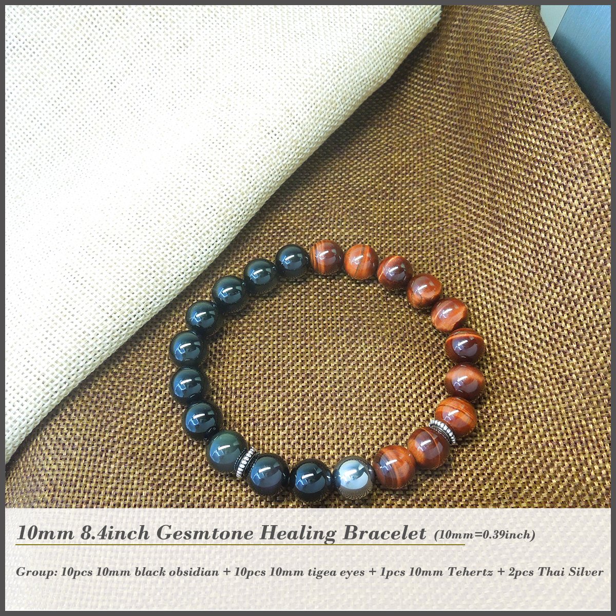 COLORFEY Mens Natural Gemstone Tiger Eye Terahertz Black Obsidian Energy Stone Buddhist Prayer Bracelet