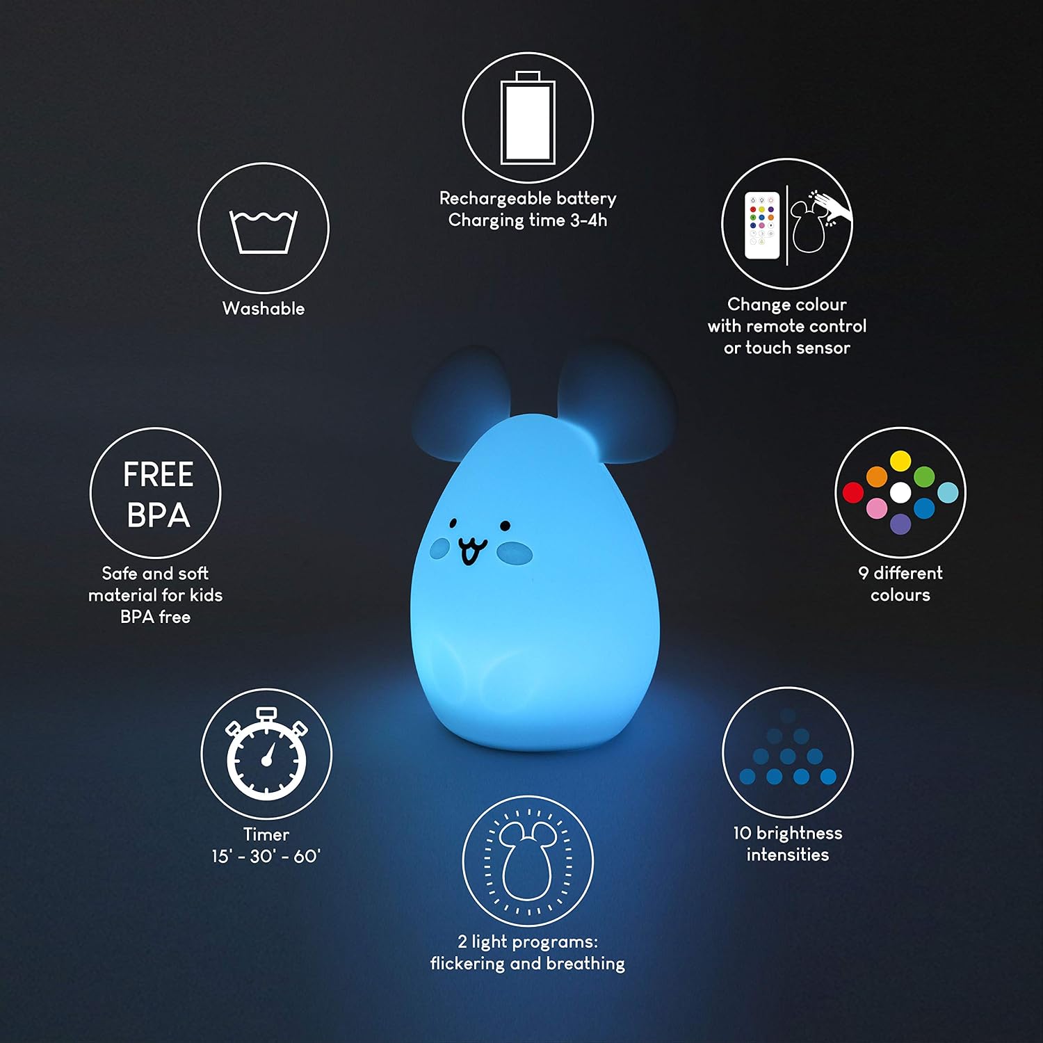 BONNYCO Night Light Kids with Remote and Touch Control 16 Colours. Mouse Baby Night Light with Timer - Image 3