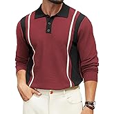 Hardaddy Men's Vintage Striped Polo Sweater Color Block Lightweight Long Sleeve Collared Knit Shirts
