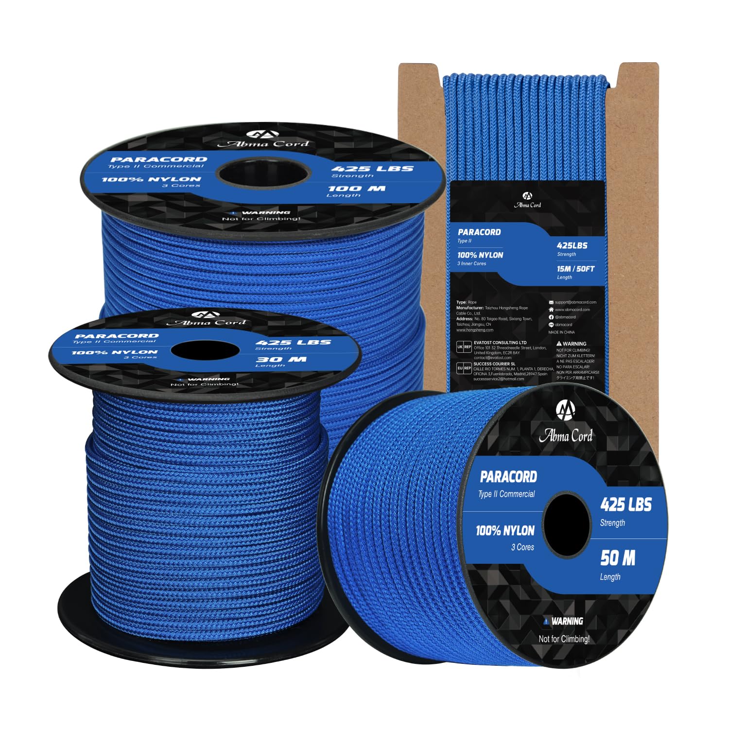 Abma Cord Paracord 3mm 100m 100% Nylon Rope Type II 3 Strands Parachute Cord - Max. 192kg (425lbs) - Dark Blue
