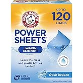 ARM & HAMMER Power Sheets Laundry Detergent, Fresh Breeze Scent, Dissolves in All Wash Temps, Lightweight and Travel-Ready, 60ct, Up to 120 Small Loads
