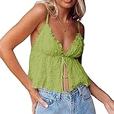 Mxiqqpltky Women Cute Bow Tie Up Camisole Sexy V Neck Sleeveless Spaghetti Strap Flowy Tank Top Y2K Ruched Crop Babydoll Top