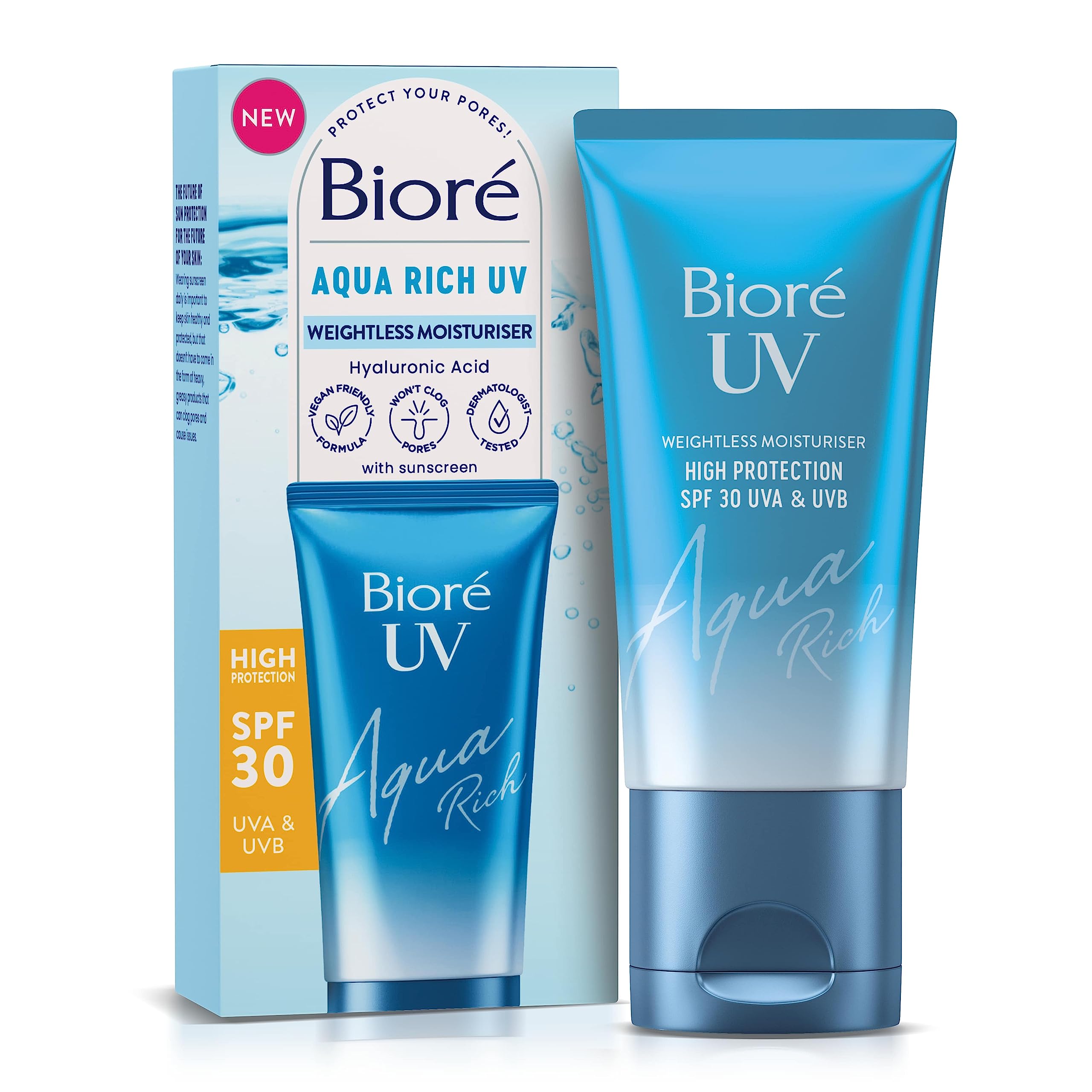 Biore SPF 30, Aqua Rich UV Weightless Moisturiser, Invisible High Protection, Hydrates With Hyaluronic Acid, No White Cast, Non Oily Sun Cream, Japanese Sunscreen, 50ml