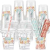 Yungyan 50 Sets Groovy Theme Party Plastic Cups with Lids and Straws 16 oz Coffee Juice Drinking Cups for Birthday Baby Shower Party Supplies