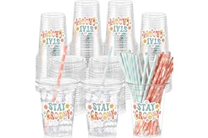 Yungyan 50 Sets Groovy Theme Party Plastic Cups with Lids and Straws 16 oz Coffee Juice Drinking Cups for Birthday Baby Shower Party Supplies
