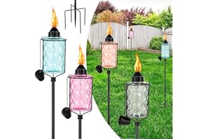 Zhulerzil 4-Pack Garden Torches for Outside,12 oz Glass Citronella Torches with 4-Prong Stake - Height Adjustable & Refillable Flame Light Torch for Party Patio Pathway Landscape Decor (Multi Color)