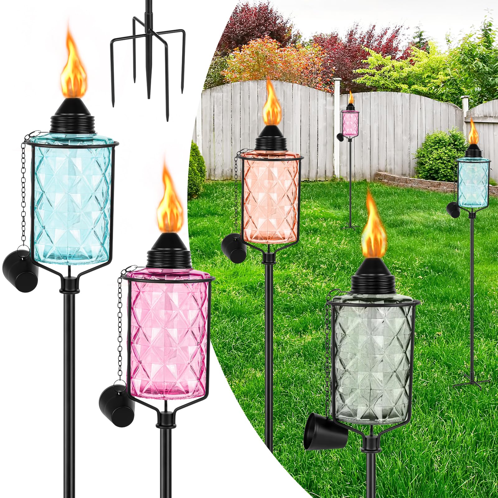 Photo 1 of Zhulerzil 4-Pack Garden Torches for Outside,12 oz Glass Citronella Torches with 4-Prong Stake - Height Adjustable & Refillable Flame Light Torch for Party Patio Pathway Landscape Decor (Multi Color)