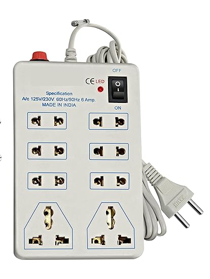 S.Blaze 8 in 1 Mini Power Strip Extension cord with ON / OFF switch and indicator 3-4m lengthy wire, 6 Two Pin Socket + 2 Three Pin Socket