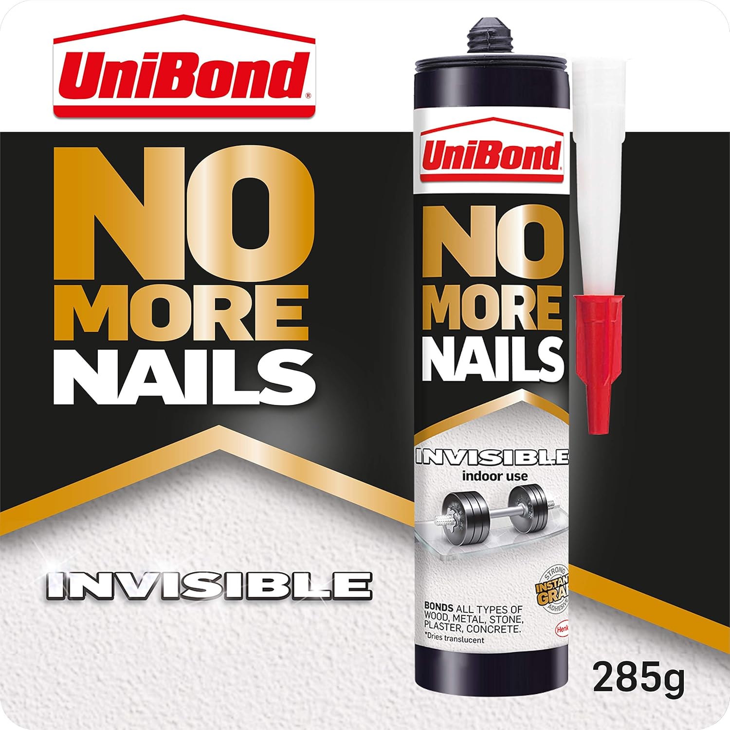 UniBond 1963632 No More Nails Invisible, Heavy-Duty Clear Glue, Strong glue for Wood, Ceramic, Metal & More, Instant Grab Mounting Adhesive, 1 x 285g Cartridge