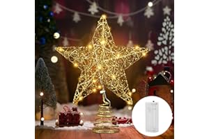 Christmas Tree Topper Star, Iron Star Tree Topper with 20 Warm LED Lights, Glittering Christmas Tree Decoration Party Home De
