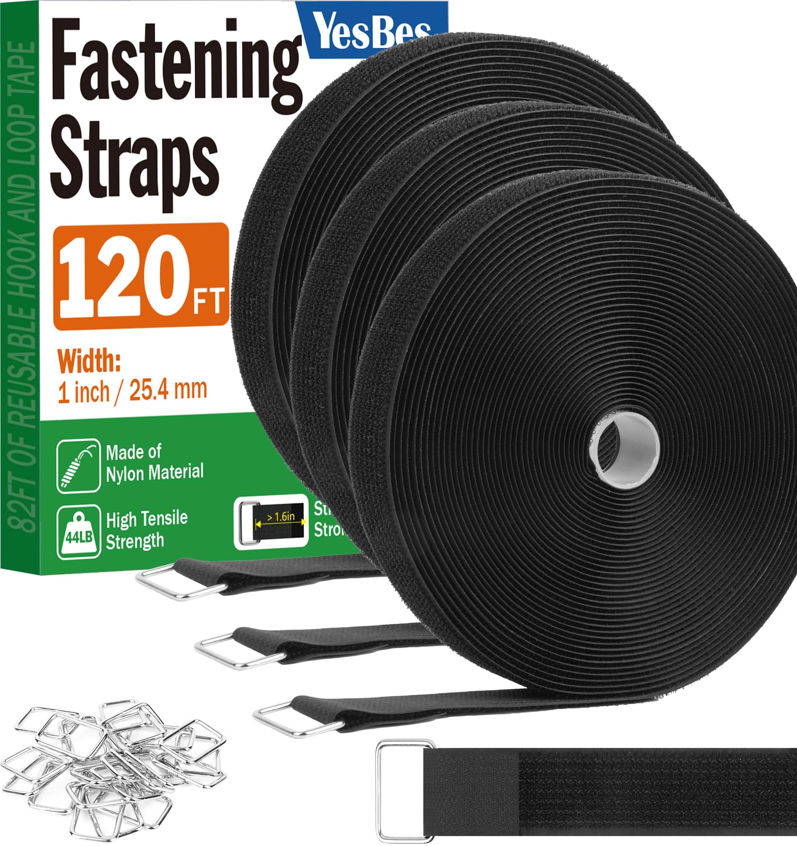Photo 1 of 1" x120ft Hook and Loop Straps with 60 Metal Buckles, Adjustable Fastening Cinch Straps, Cut to Length Cable Straps, Reusable Nylon Straps 1 Inch Wide for Organizer or Storage, Black