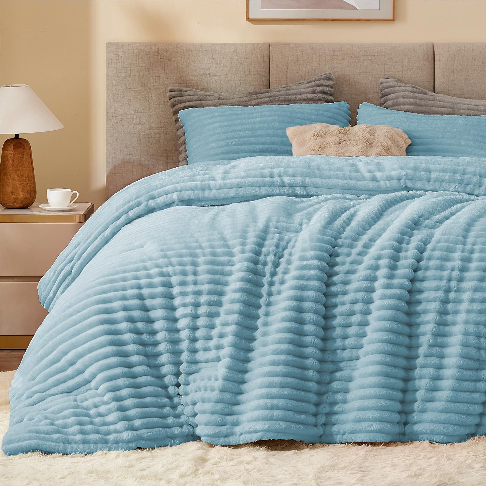 Photo 1 of BEDELITE Fleece Full Comforter Set -Super Soft & Warm Fluffy Light Blue Bedding, Luxury Fuzzy Heavy Bed Set for Winter with 2 Pillow Cases