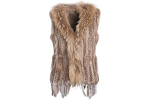 BOONJOVIA Women's Real Rabbit Fur Knitted Vest Raccoon Fur Collar Trim For Autumn Winter