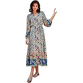 R.Vivimos Women's Long Sleeve Boho Midi Dress V Neck Floral Print Casual Button Down Loose Ruffle Beach Long Dress with Belt