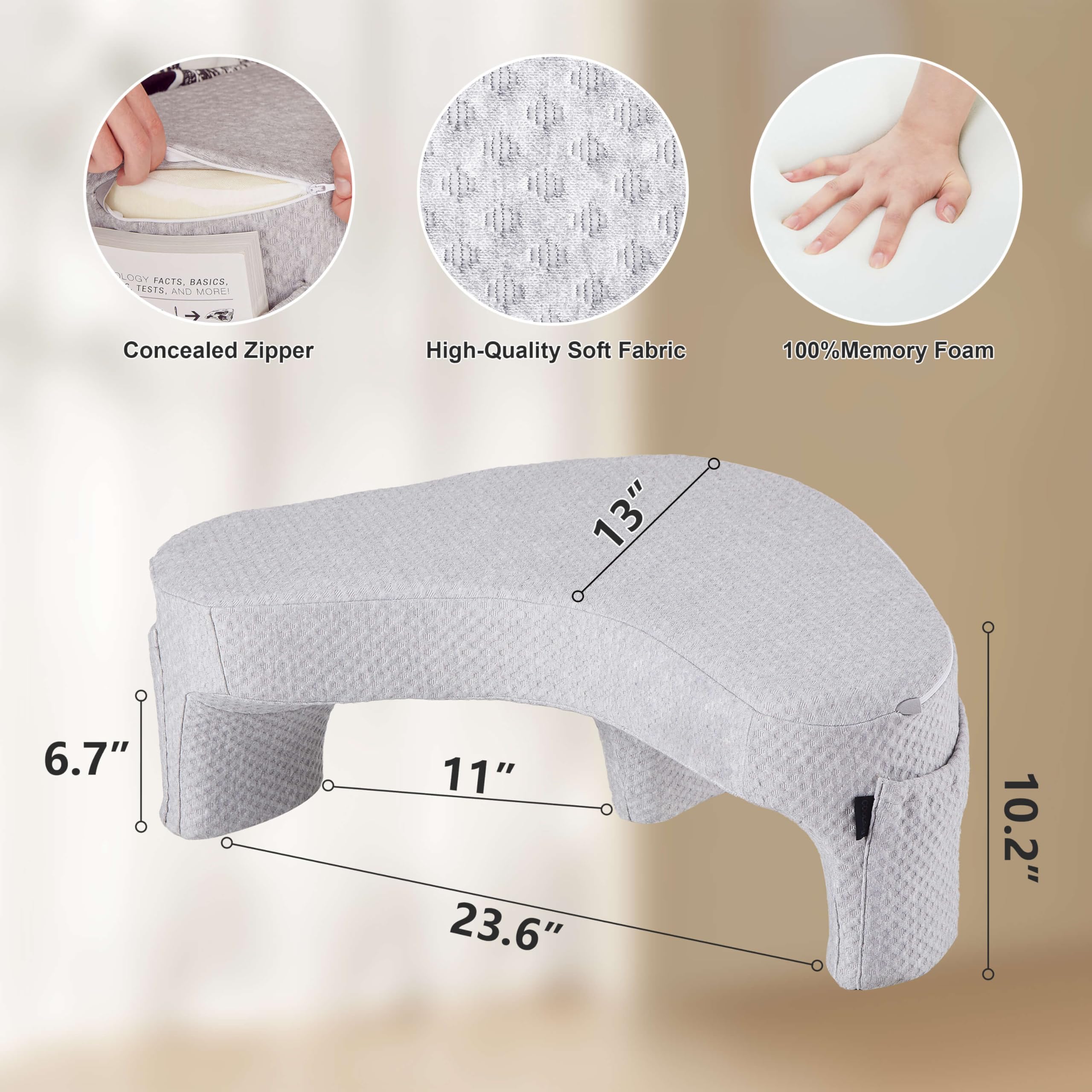 Reading Pillow for Lap, Bed Desk, Laptop Lap Desk, Laptop Desk for Bed, Gaming Pillow, Bed Pillow for Sitting Up, Memory Foam Bed Pillow (Gray), Ideal for Sitting in Bed, on The Sofa or on The Floor