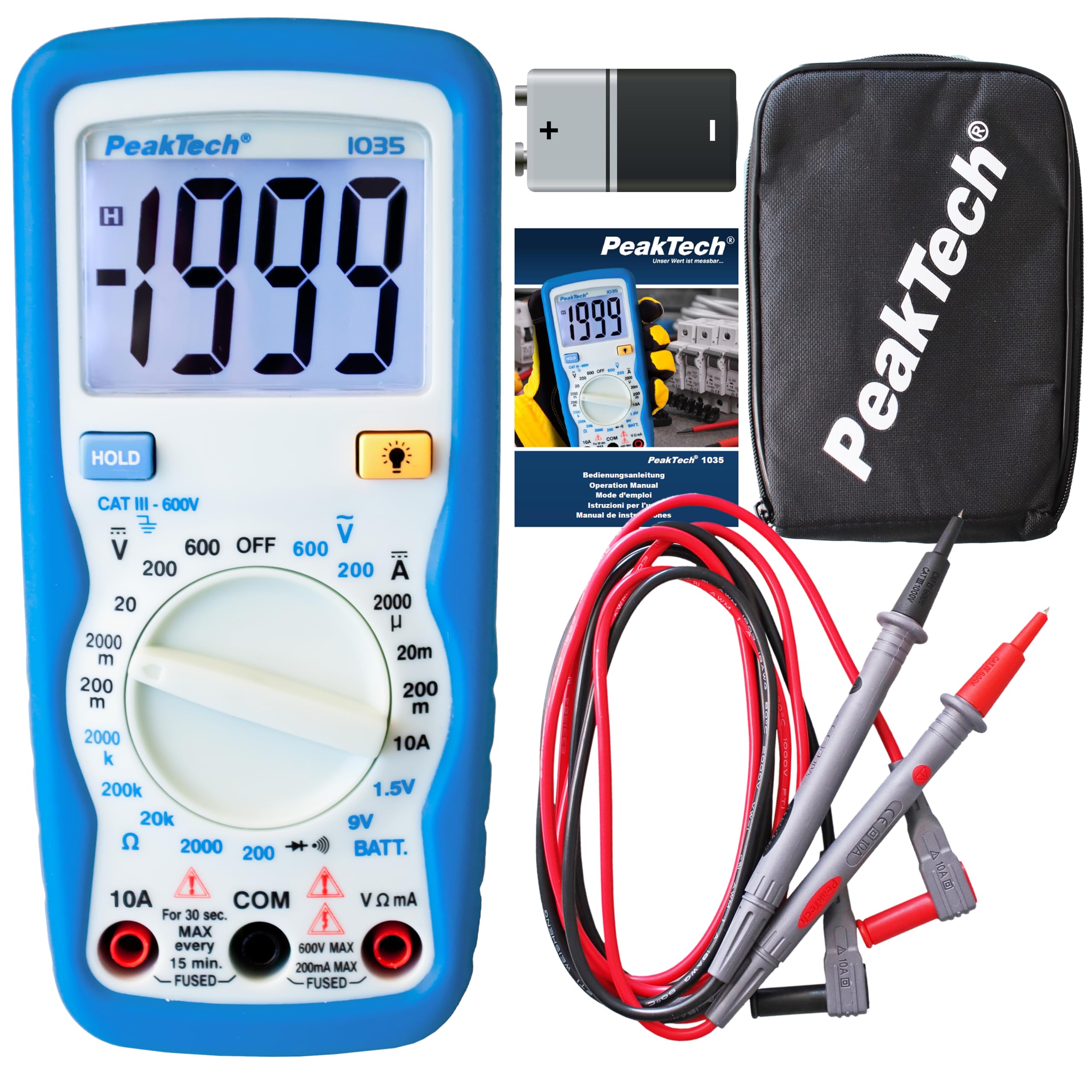 PeakTech Digital Multimeter P 1035, CAT III 600 V, LCD Display, Backlight, Battery Tester, Voltmeter, Portable Multimeter, Electronic Ammeter, Continuity Tester, Max. 600 V