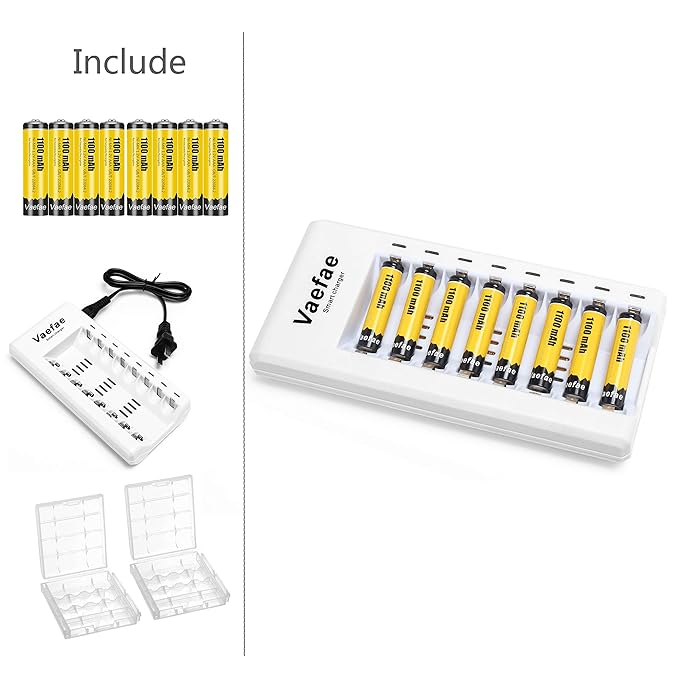 Vaefae 8 Bay Individual Smart Battery Charger B for AA AAA Ni-MH Ni-CD Rechargeable Batteries, with 8 Pieces 1100mAh Ni-MH AAA Rechargeable Batteries,with Storage Box