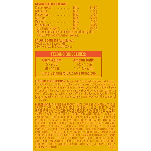 MEOW MIX HAIRBALL CONTROL DRY CAT FOOD FOR ADULT CAT, 6.3 LB. BAG