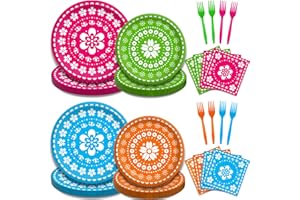 Kepeel 96 Pcs Fiesta Party Plates, Mexican Cinco De Mayo Party Decorations Supplies Mexican Papel Picado Disposable Paper Plates Napkins for Taco Carnival Birthday Baby Shower Tableware, Serves 24
