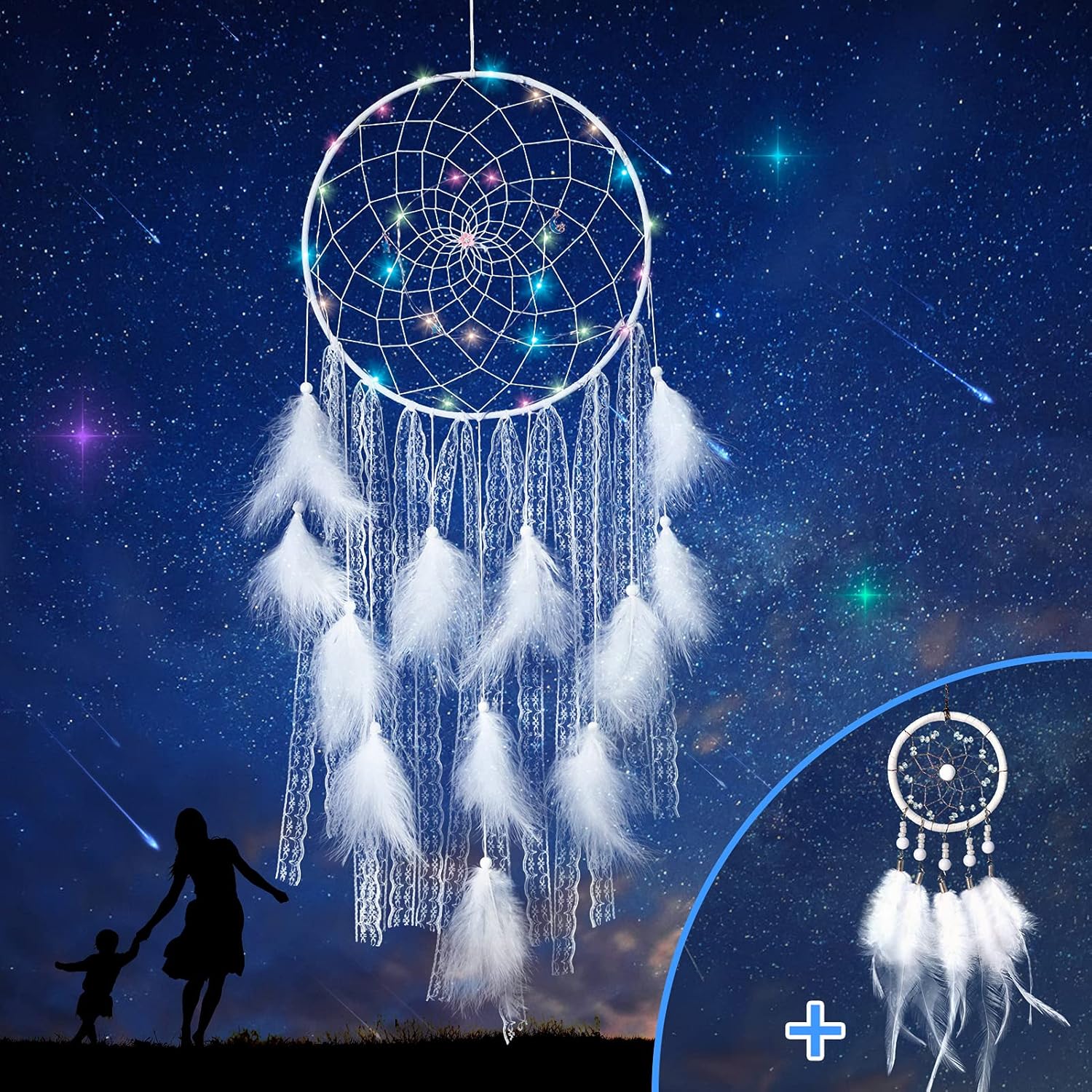 Amasava Dream Catchers Wall Decor 2 Pieces, Handmade Feather Large Dream Catcher with LED Lights and Small Dreamcatcher Set, Bedroom Home Car Decor Nursery Room Hanging Decoration Gifts for Girls