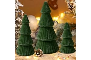 OUMUAMUA Christmas Table Decorations Indoor- 3 Pcs Flocked Velvet Christmas Trees with Lights, Modern Cone Christmas Tree Tabletop Centerpieces for Xmas Party Tabletop Mantel Tiered Tray Home Decor, Dark Green