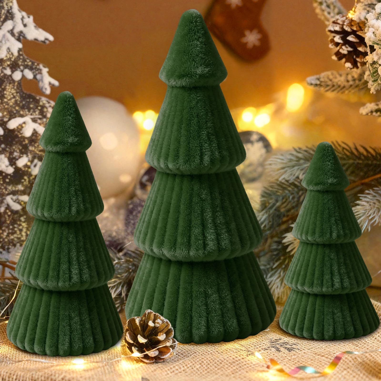 Photo 1 of Christmas Table Decorations Indoor- 3 Pcs Flocked Velvet Christmas Trees with Lights, Modern Cone Christmas Tree Tabletop Centerpieces for Xmas Party Tabletop Mantel Tiered Tray Home Decor, Dark Green