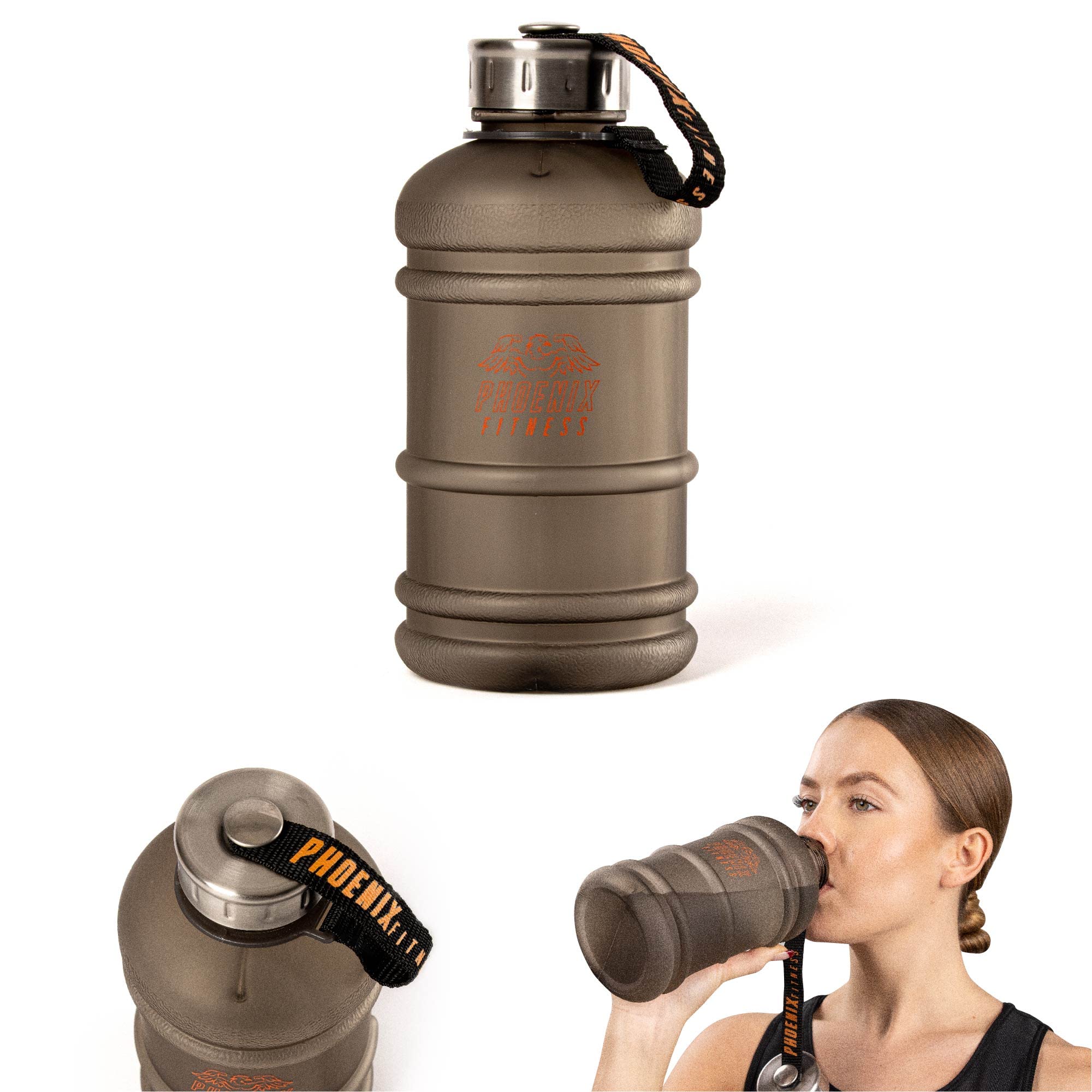 Phoenix Fitness Water Bottle - 1L Drinks Bottle with Leakproof Cap and Carry Strap - Lightweight Bottle for Sports, Gym & Travel - BPA Free & Non Toxic - Black
