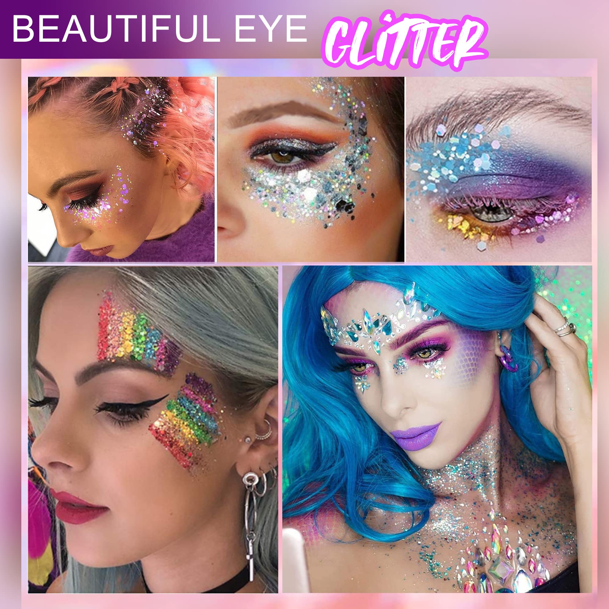 Face Glitter Makeup, Holographic Chunky Face Body Glitter, Glitter Eyeshadow Cosmetic Laser Powder for Face Hair Nails, Festival Body Glitter Makeup with Glue