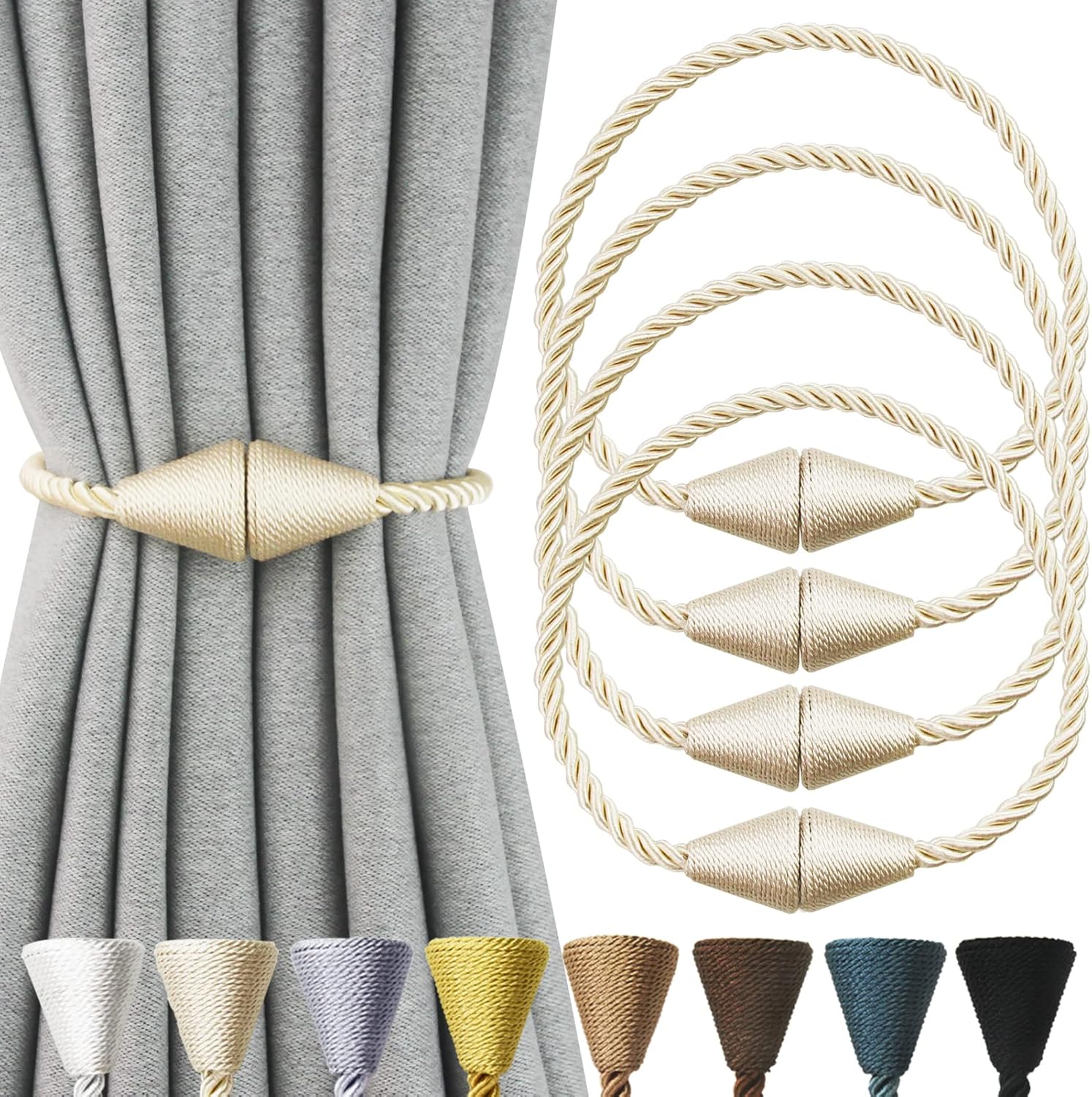 Window Treatment Hardware - Nieffeiy 4 Pack Magnetic Curtain Tiebacks Rope Modern Handmade Curtain Tie Backs Decorative Drapes Weave Holdbacks for Window Décor, Beige