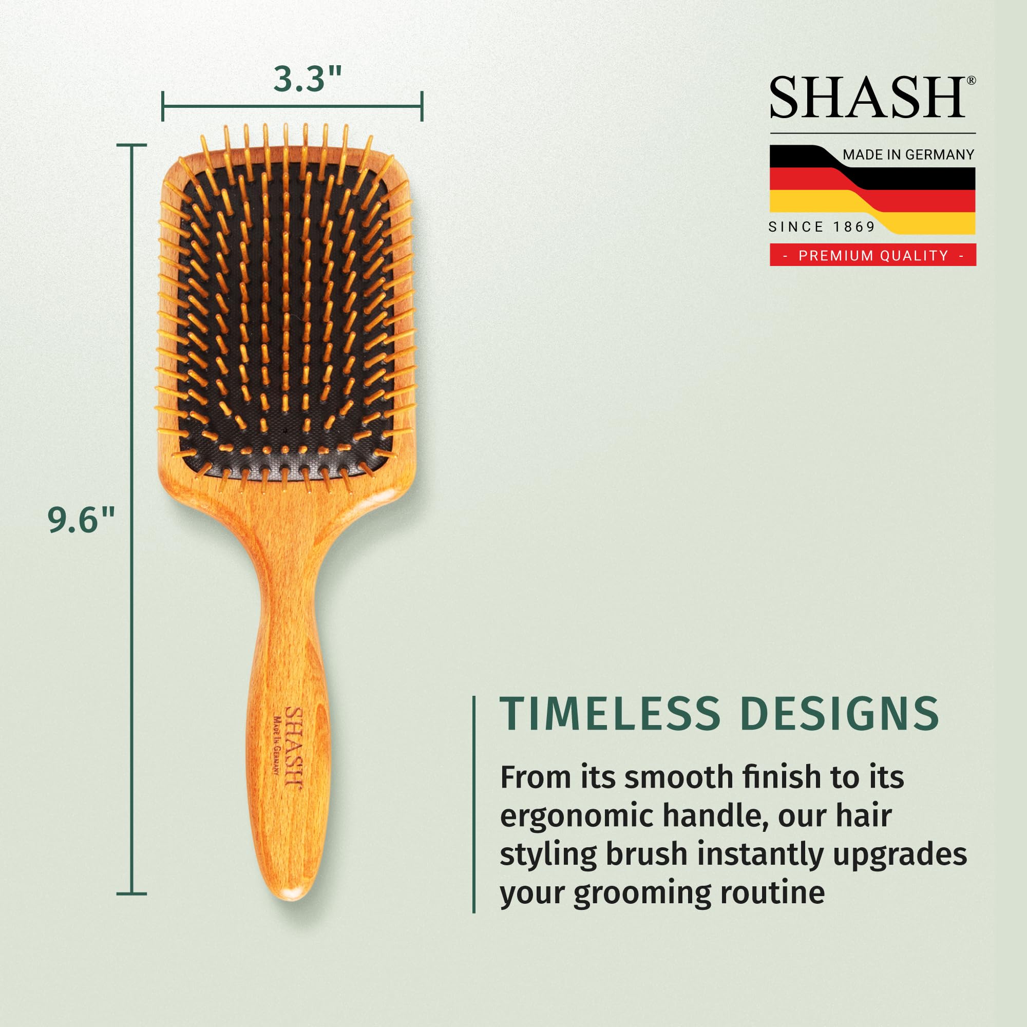 SHASH Since 1869 Made in Germany Wooden Paddle Brush - Gently Detangles, Styles, Conditions Hair with Minimal Frizz and Breakage - Safe for All Hair Types, Wet or Dry - Eco-Sourced Wood