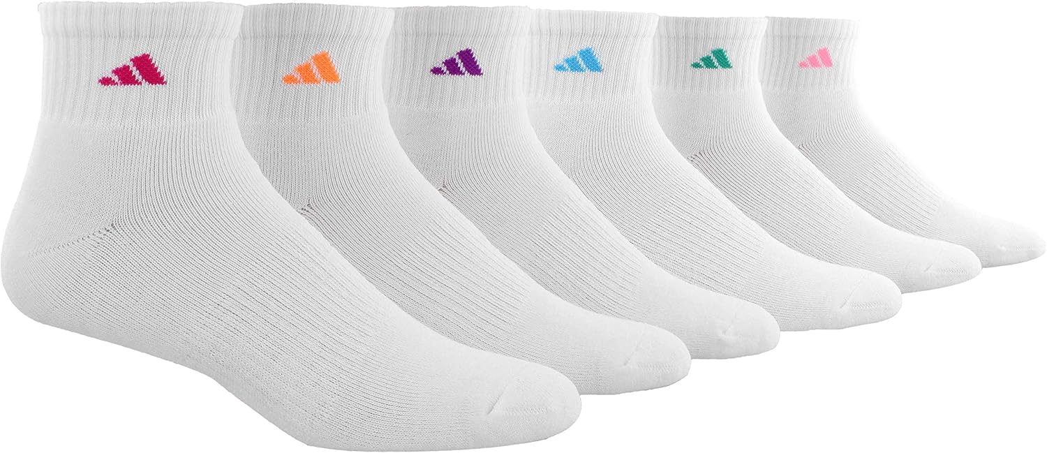 adidas Women's Athletic Quarter Sock (6-Pair), White/Shock Pink Glow Orange Shock Purple Bright C, Medium, (Shoe Size 5-10): Clothing