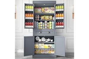 Squireewo 72" Freestanding Kitchen Pantry Storage Cabinet with Doors and 6 Hanging Shelves,Storage Cupboard with Large Drawer for Kitchen,Bathroom or Hallway, Grey