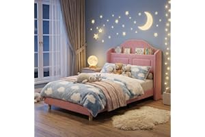 Twin Bed Frame for Kids, Upholstered Velvet Platform Bed for Boys/Girls with Wingback, Storage Bookcase Headboard & LED Light