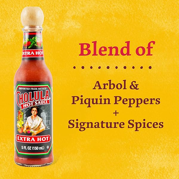 CHOLULA HOT SAUCE, EXTRA HOT, PRODUCT OF MEXICO, BLEND OF ARBOL & PIQUIN PEPPERS FOR BRINGING EXTRA HOT HEAT TO TACOS, EGGS, PIZZA AND MORE, 5 FL OZ