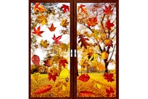 VEYLIN 6 Sheets 200Pcs Thanksgiving Window Clings, Autumn Maple Leaves Windows Static Stickers for Thanksgiving Day Window Decoration