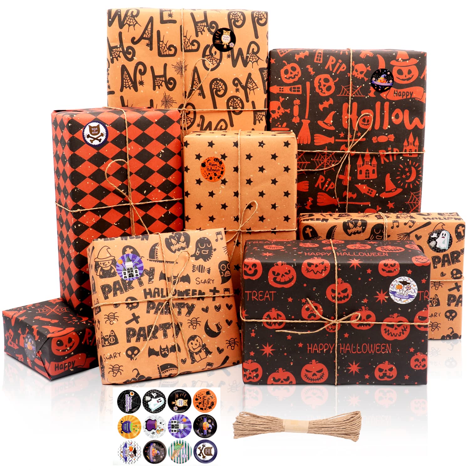 Halloween Ghost Pumpkin Bat Skull Wrapping Paper - 6 Sheets for Men Women Boys Girls, Brown Kraft Gift Wrap for Party Decoration Art DIY Crafting, 50 x 70CM