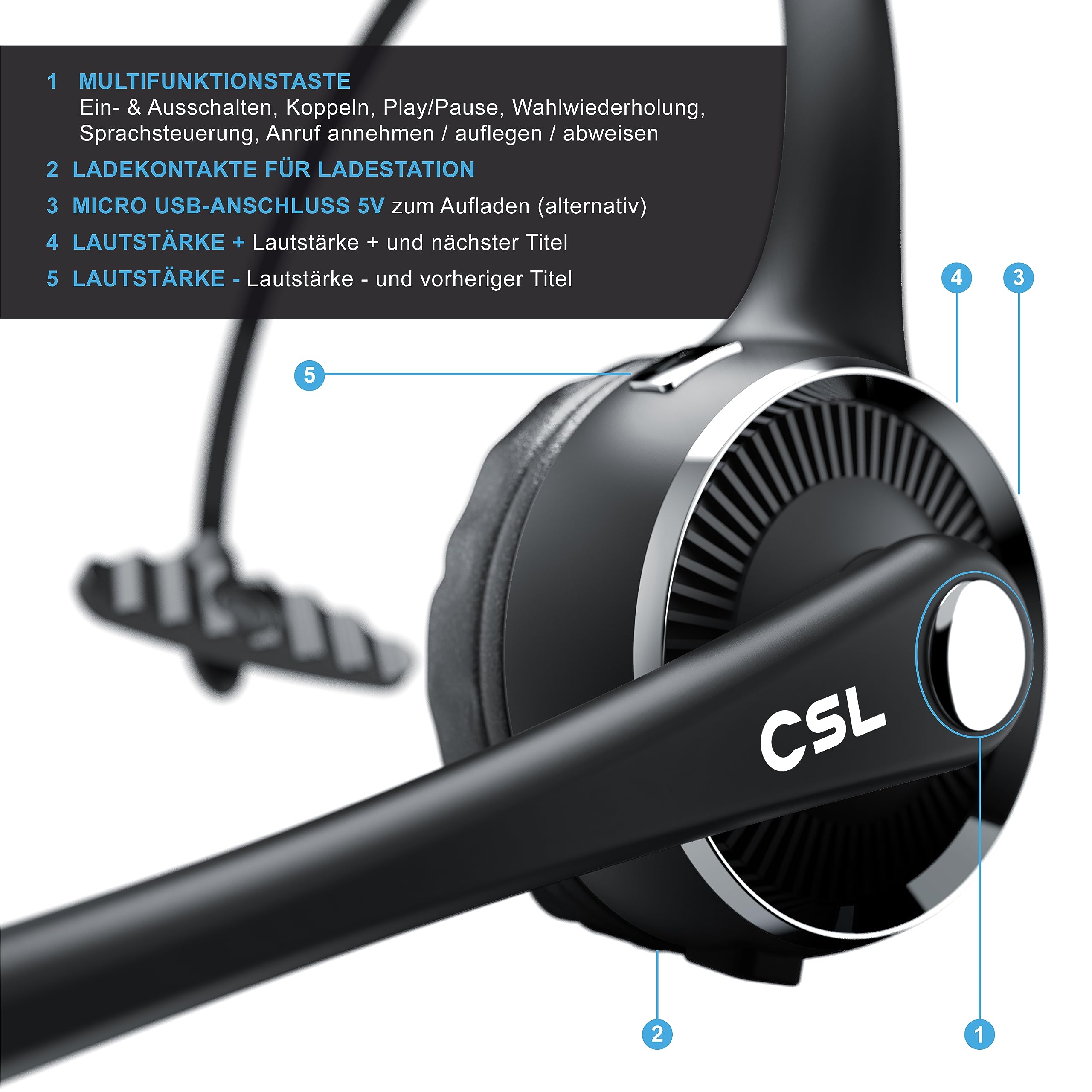 CSL - Bluetooth 5.0 Headset mit Ladestation - PC Headset mit flexiblem Mikrofon - Multipoint - kabellos - leicht - freisprechen - für Auto und LKW Computer Call Center Handys