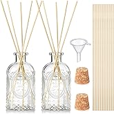 LemonRoad 2 Set Glass Reed Diffusers Bottles, Vintage Design Embossed Fleur Clear Diffuser Bottles with 50 Reeds Sticks, Cork Lids, Funnel, 200 ml 6.7 oz Empty Flower Bud Vases for DIY Fragrance
