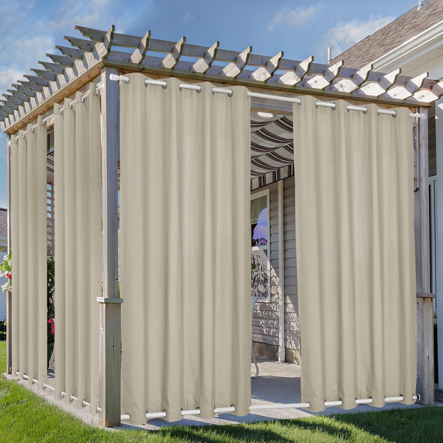 Outdoor Curtains - Fcosie Waterproof Indoor Outdoor Curtains W84 x L84 Inch - Windproof Outdoor Canvas Curtains Top and Bottom Grommet - Outside Drapes for Patio Porch Pergola Arbor Lanai Gazebo Yard - 1 Panel, Beige