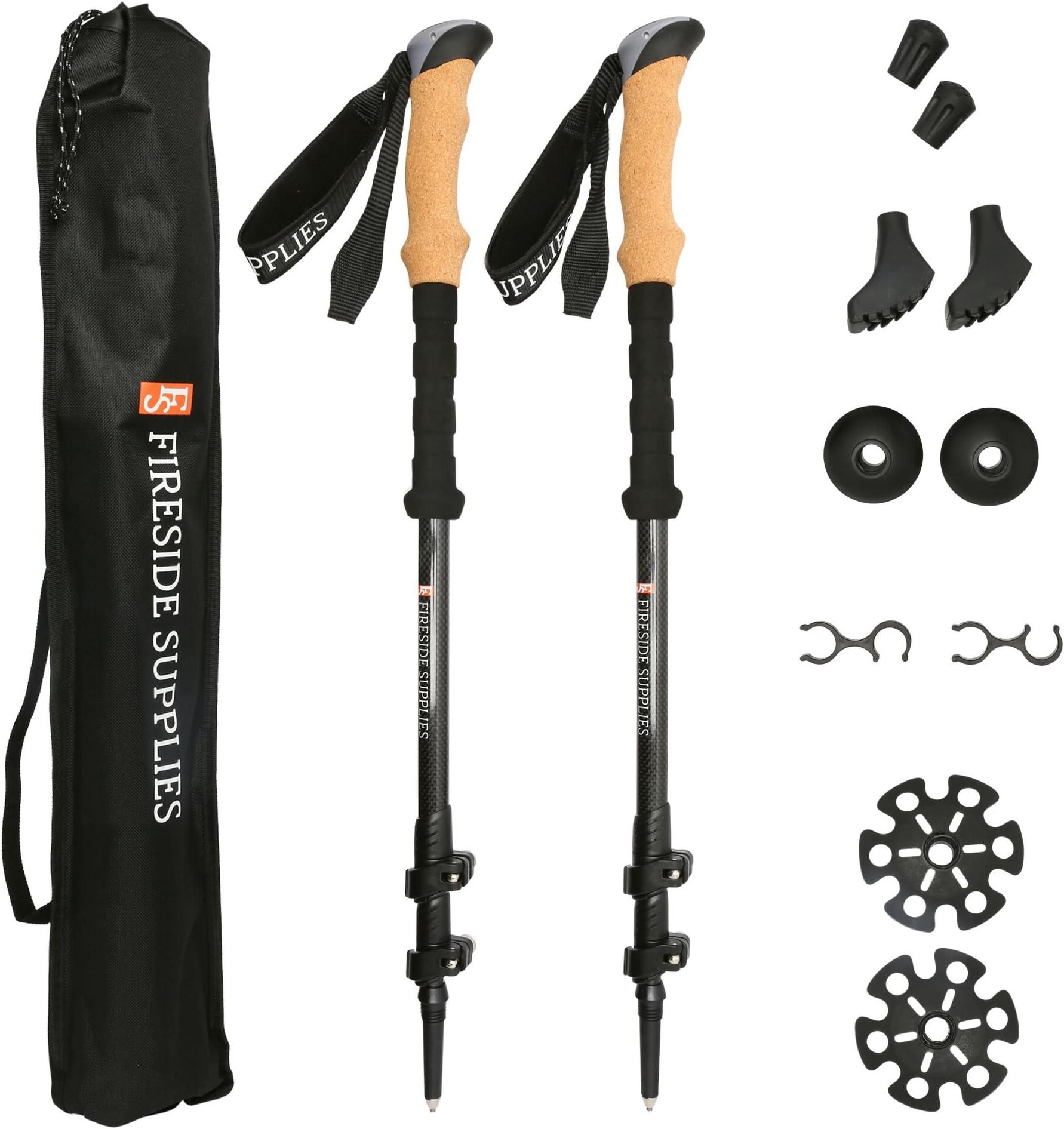 Fireside Supplies Carbon Fiber Trekking Poles with Cork Grips – Hiking Poles for Men, Women and Walking – Black – One Pair