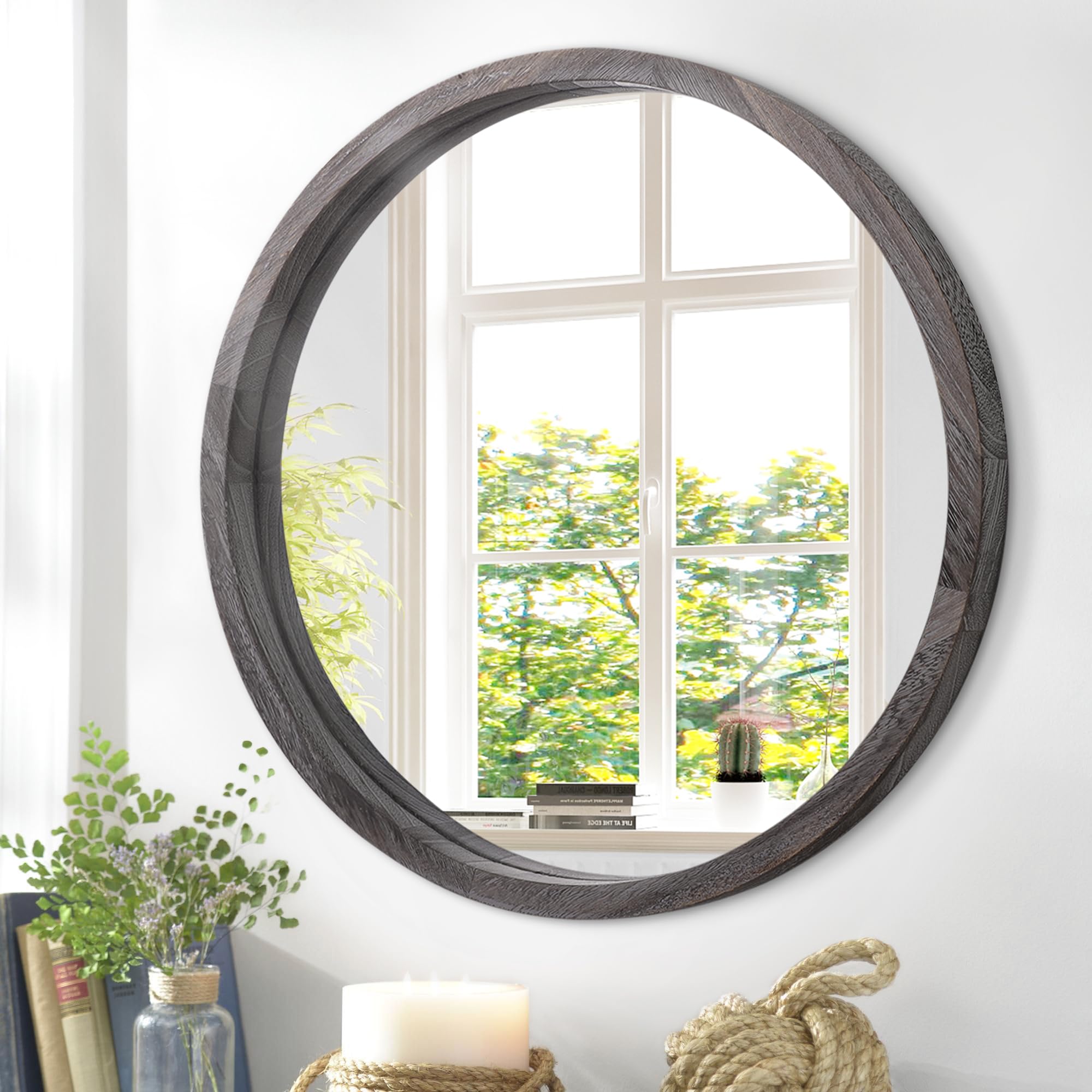 JJUUYOU Wall Mirror 60CM Round Wall Mirror for Bathroom, Antique Gray Circular Mirror Washroom Wall Decor Wood Frame Mirror for Living Room Bedroom Dorm Decorative
