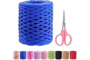 Swpeet 1 Roll Beautiful Sapphire Blue 218 Yards Raffia Paper Craft Ribbon with Scissors Assortment Kit, Natural Raffia String