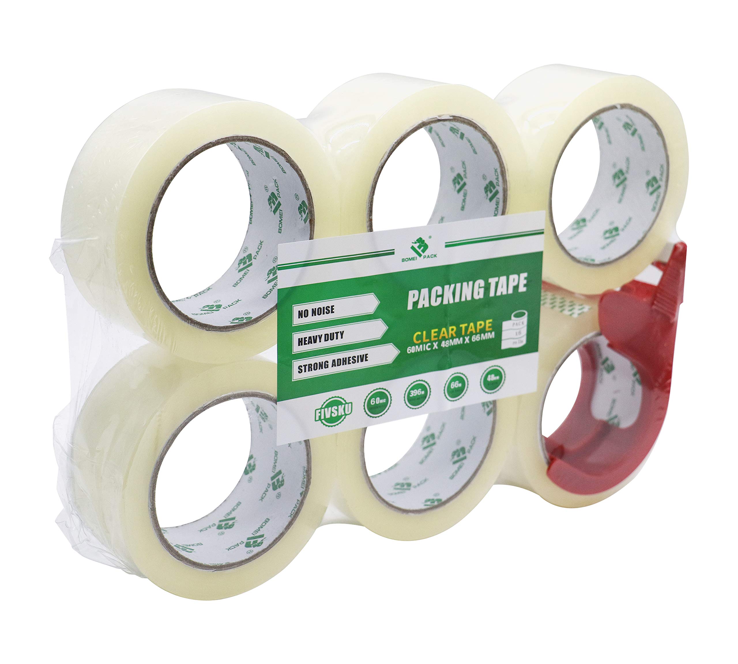 BOMEI PACK Extra Quiet No Noise Silent Clear Packing Tape Heavy Duty Packaging for Moving Shipping,Office and Storage,6 Rolls 60mic x48mm x66m with a Tape Dispenser
