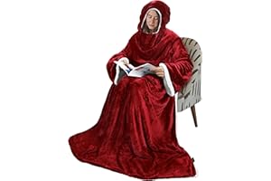 Tirrinia Sherpa Hood Wearable Blanket for Adult Women and Men, Super Soft Comfy Warm Plush Throw with Sleeves TV Blanket Wrap Robe Hoodie Cover for Sofa, Couch 72" x 55" Wine
