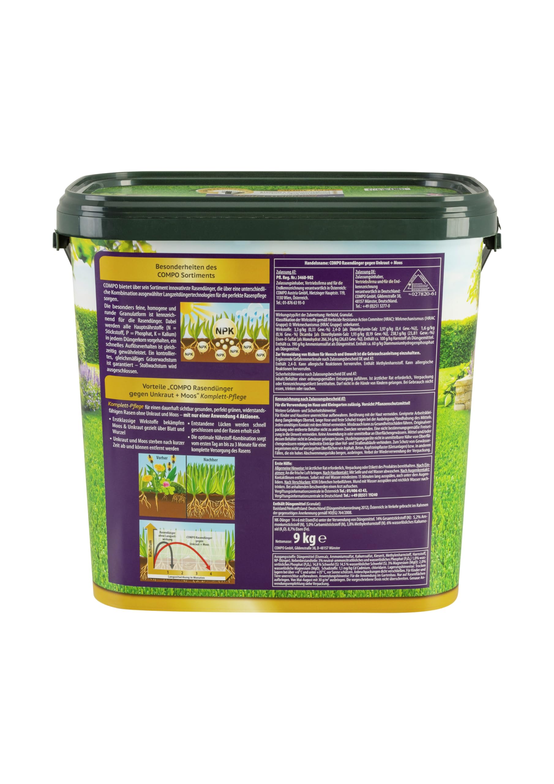 COMPO Rasendünger gegen Unkraut + Moos Komplett-Pflege Rasendünger mit Unkrautvernichter, Moosvernichter, 3 Monate Langzeitwirkung 9 kg, für 300m² 9